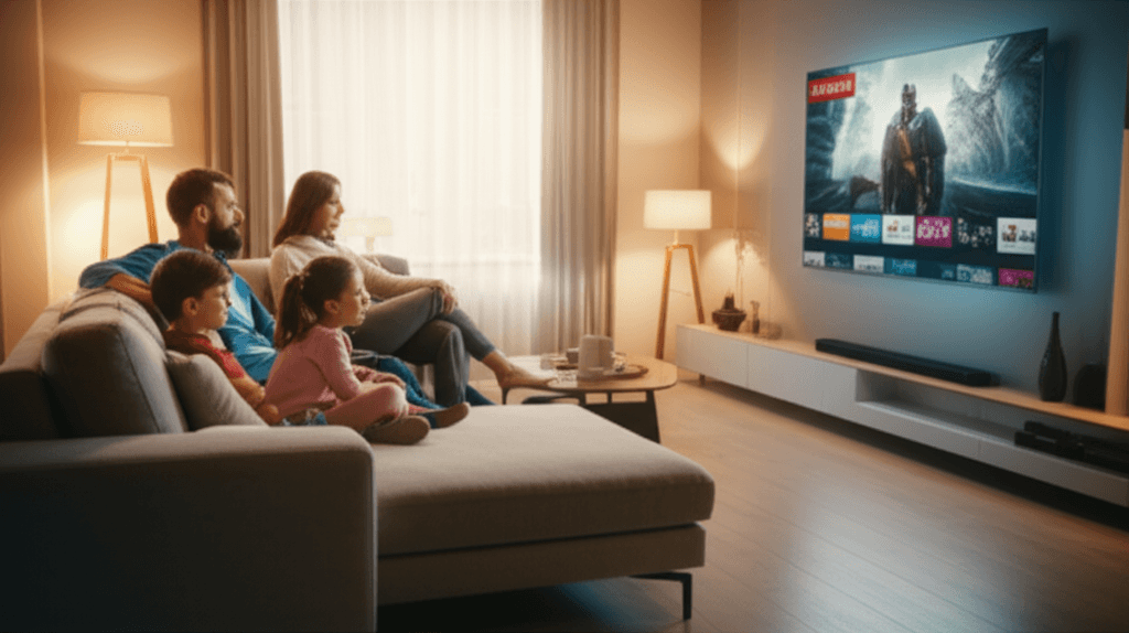 Family enjoying affordable IPTV streaming on smart TV