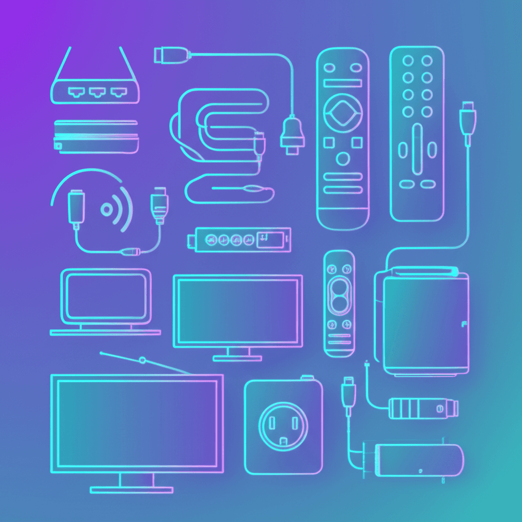 IPTV accessories including streaming devices, cables, remotes, and networking equipment