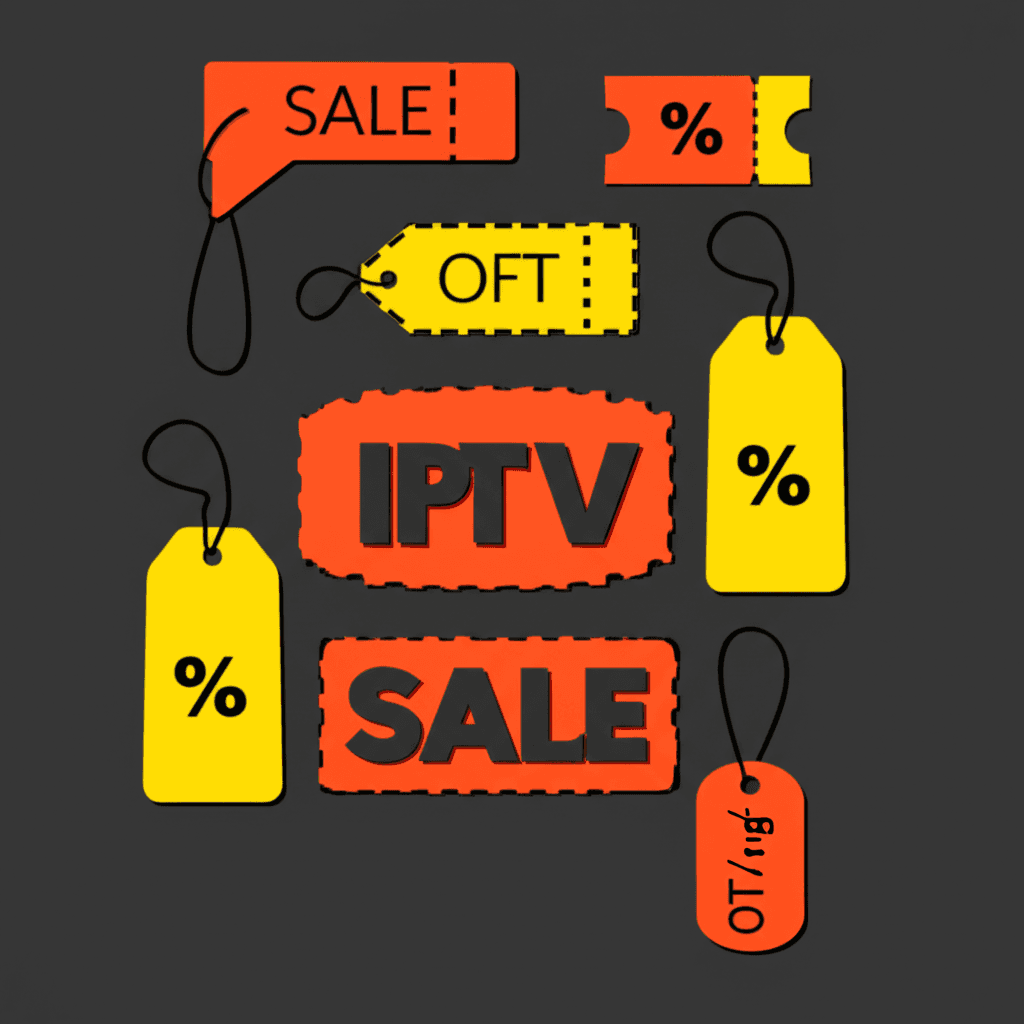 IPTV discount concept showing percentage off badges, coupon icons, and promotional savings symbols