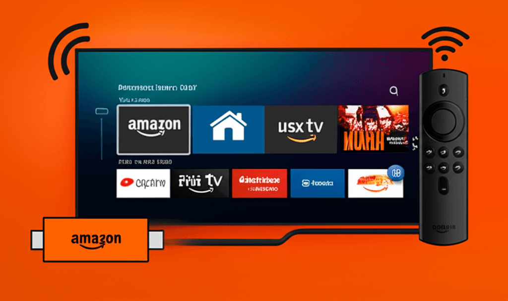 Amazon Fire TV Stick streaming device connected to television displaying IPTV interface