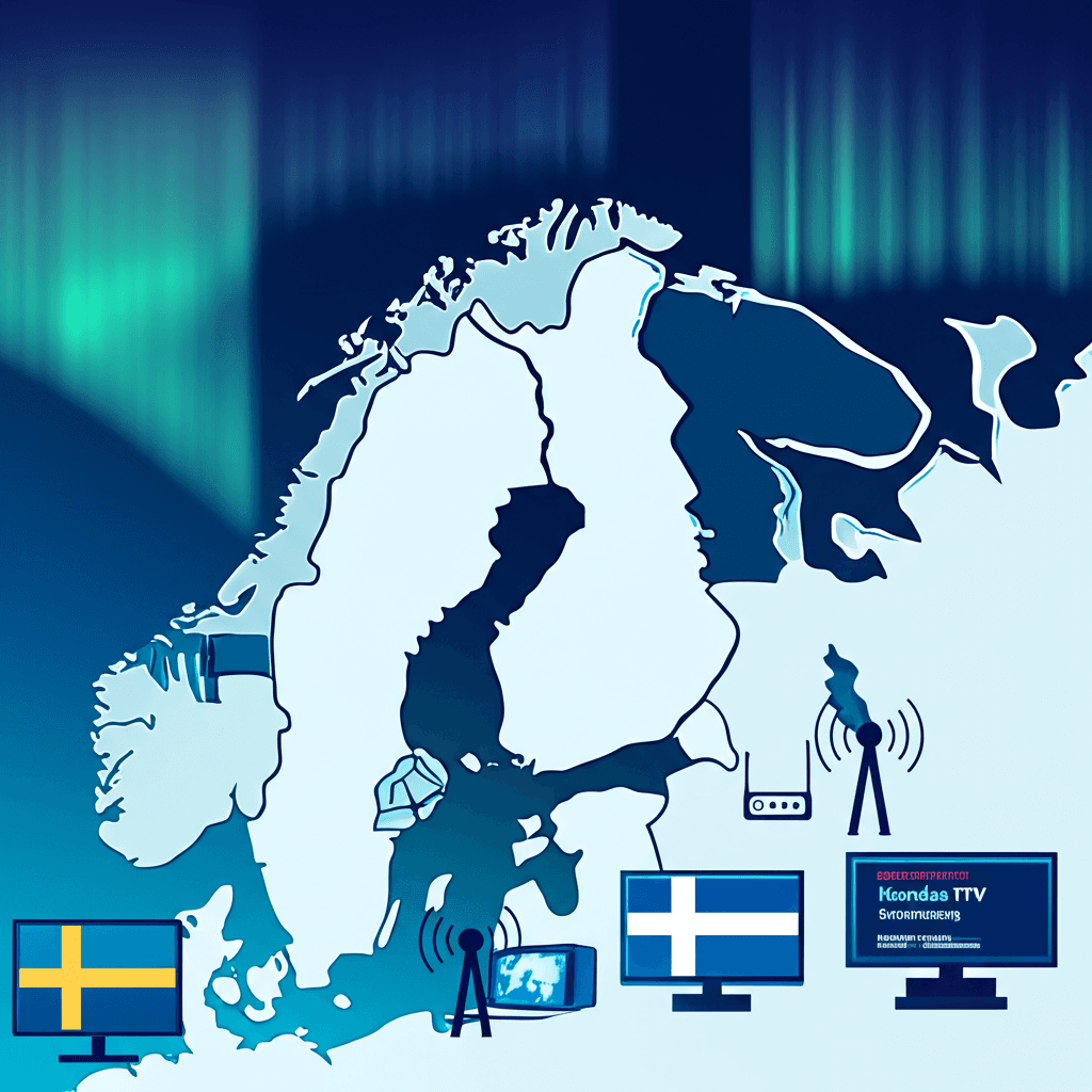 Nordic IPTV streaming concept with Scandinavian flags and streaming technology