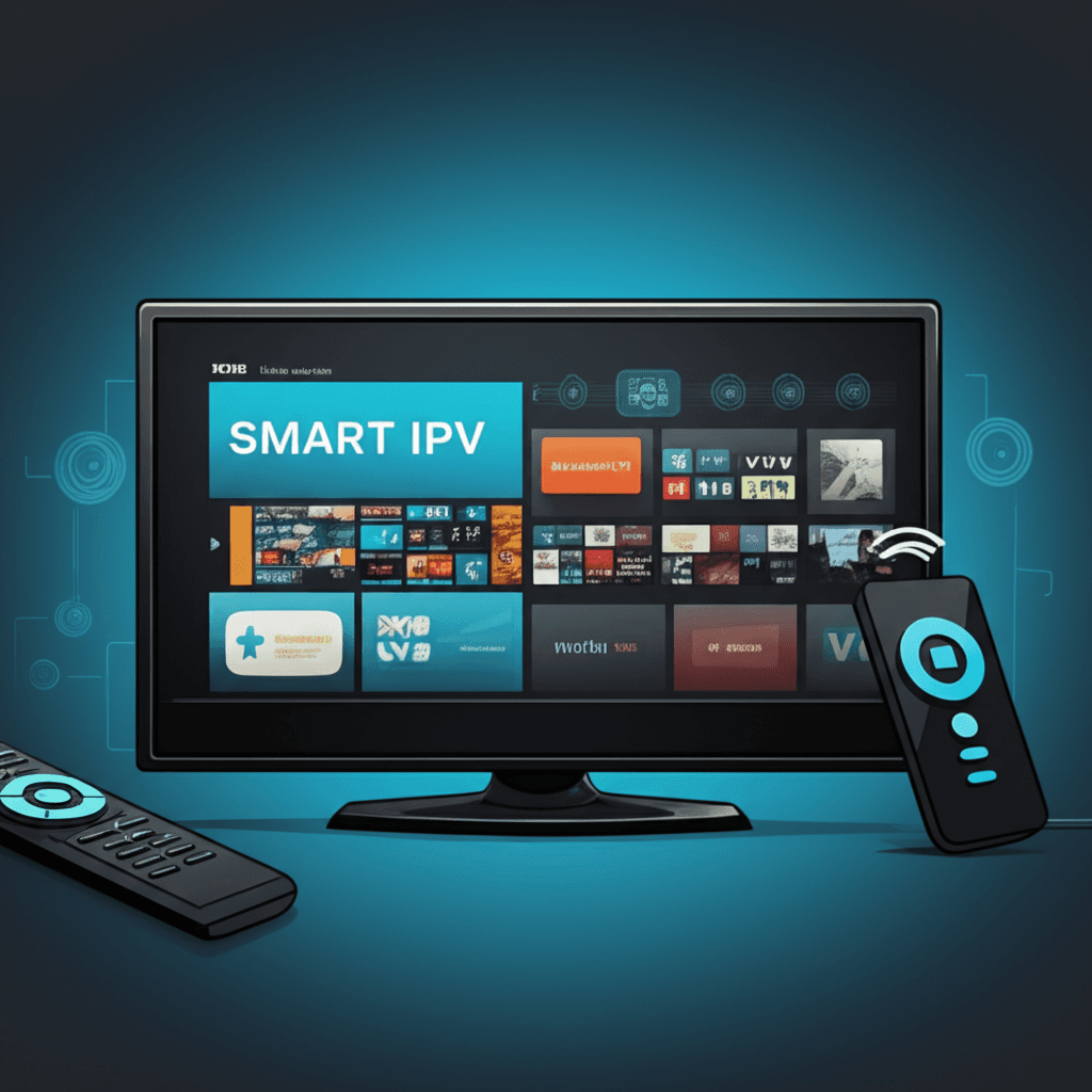 Smart IPTV concept showing smart TV with streaming interface and connected home entertainment