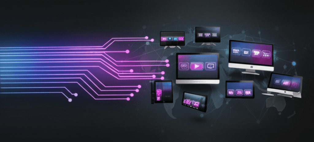 IPTV technology concept showing internet streaming to multiple devices